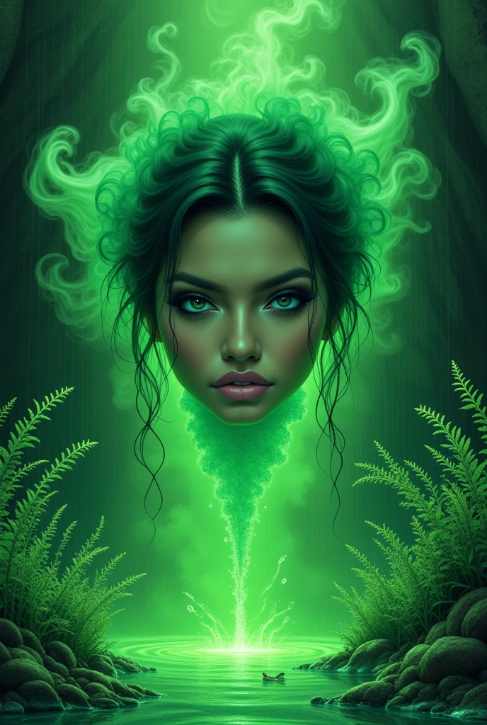 (Ultra-detailed face, looking away, Fantasy Illustration with Gothic, Ukiyo-e, Comic Art, Rich colors), 
BREAK 
(This is a world made of green acid. In the pool of acid, there is a gush of smoke and a pungent green smoke. Plants made of glass fibers suck up the acid from their roots, and the acid drips from their trunks, stems, and leaves like rain.)