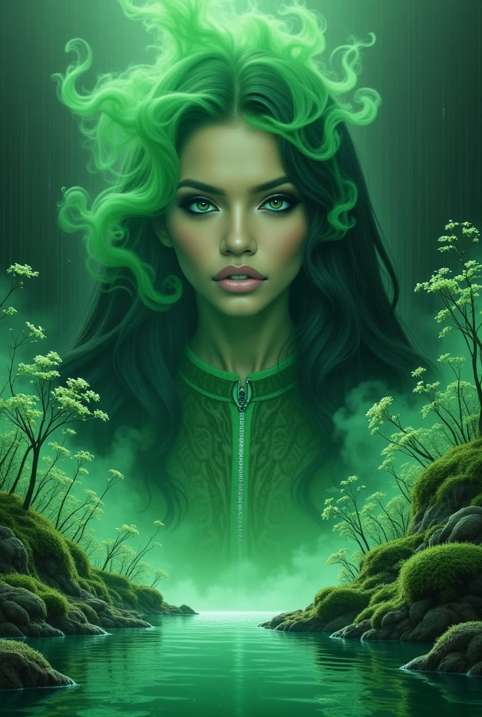 (Ultra-detailed face, looking away, Fantasy Illustration with Gothic, Ukiyo-e, Comic Art, Rich colors), 
BREAK 
(This is a world made of green acid. In the pool of acid, there is a gush of smoke and a pungent green smoke. Plants made of glass fibers suck up the acid from their roots, and the acid drips from their trunks, stems, and leaves like rain.)