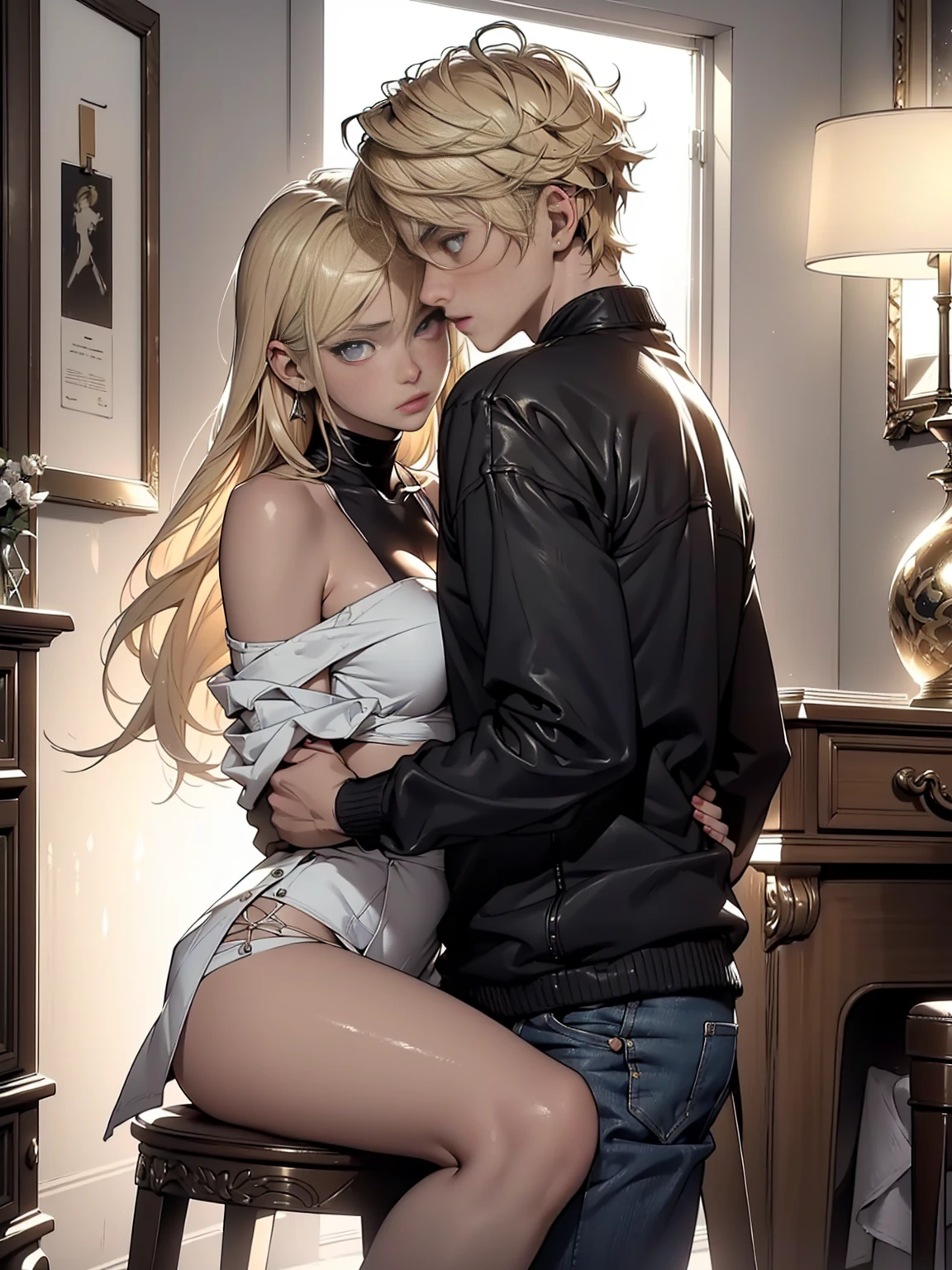 (a realistic scene of a boy and a girl in a sexual moment)
(best quality, highres:1.2), ultra-detailed, (realistic:1.37), HDR, studio lighting, (vivid colors:0.9), (bokeh:0.9), (sharp focus:1.1)
(oil painting, expressive brushstrokes, detailed textures)
(a boy and a girl engaged in sex in bedroom)
(the boy with disheveled blond hair, strong facial features, intense gaze)
(the girl with seductive blond hair, alluring lips, captivating eyes)
(both in their early twenties)
(the boy stands with his pants down, and intimate part penetrating the girl)
(the girl sitting on top of him in the bad, her legs spread)
(the boy and girl passionately embracing each other)
(the room bathed in warm, golden light)
(the atmosphere filled with desire and anticipation)
(romantic background music playing softly)
(a sense of spontaneity and passion in their body language)
(attention to the small details of their clothing and surroundings)
(a short skirt on the girl, revealing her beautiful legs)
(whispered words of love and longing)
(sensual and intimate facial expressions)
(their connection depicted through their intense eye contact)
(a side view, showcasing the depth and perspective of the scene)
Note: The prompt represents an erotic scene and may not be suitable for everyone.