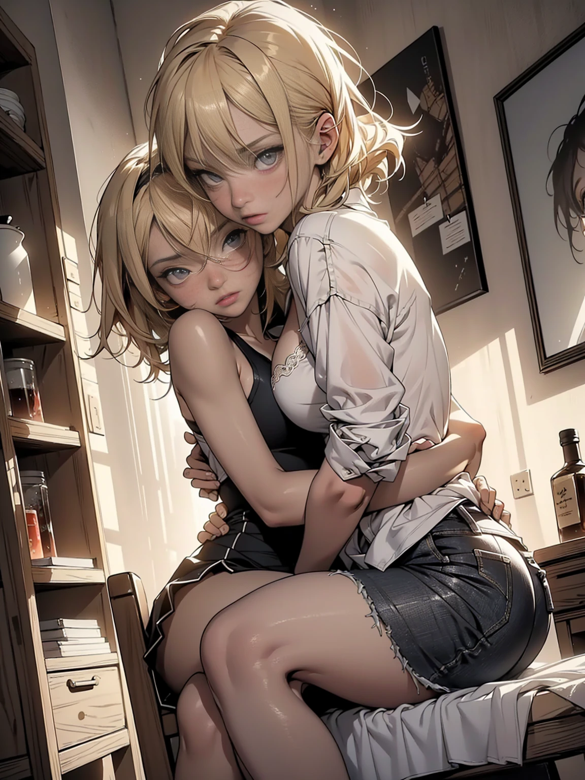 (((full body photo)))  (masterpiece, best quality),(((extremelyintricate))) (((8kbestqualitty))), (2 woman s:1.8), (asian:1.1), (fantasy:1.4), (lesbian:1.4) (from above:1.6) (covered in cum:1.2), (arms behind their backs:1.8) ,(kneeling next to each other:1.4), (looking up:1.4), side by side, two woman s kneeling side by side, (cumshot pose:1.8) beautiful faces, eye contact, ubmissive slut, posing, blushing, choker, tattoos, slutty outift, wavy hair, waifu, on the bed, golden hour, collar, ginger hair, blonde, pig tails, tied up hair, (messy hair:1.2), (submissive:1.6) high waist, slim figure, soft skin, soft clothing, submissive outfits, stockings, linen shirt, beautiful outfit, see through shirt