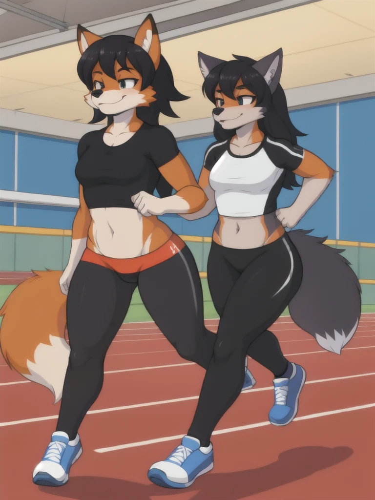 Furry, fox, female, black shirt, black leggings, shoes, running track, friends, full body