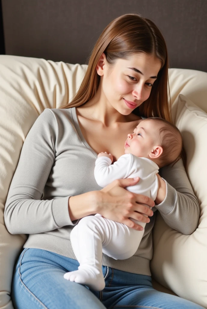 Naked girl breastfeeding a **** on the bed
