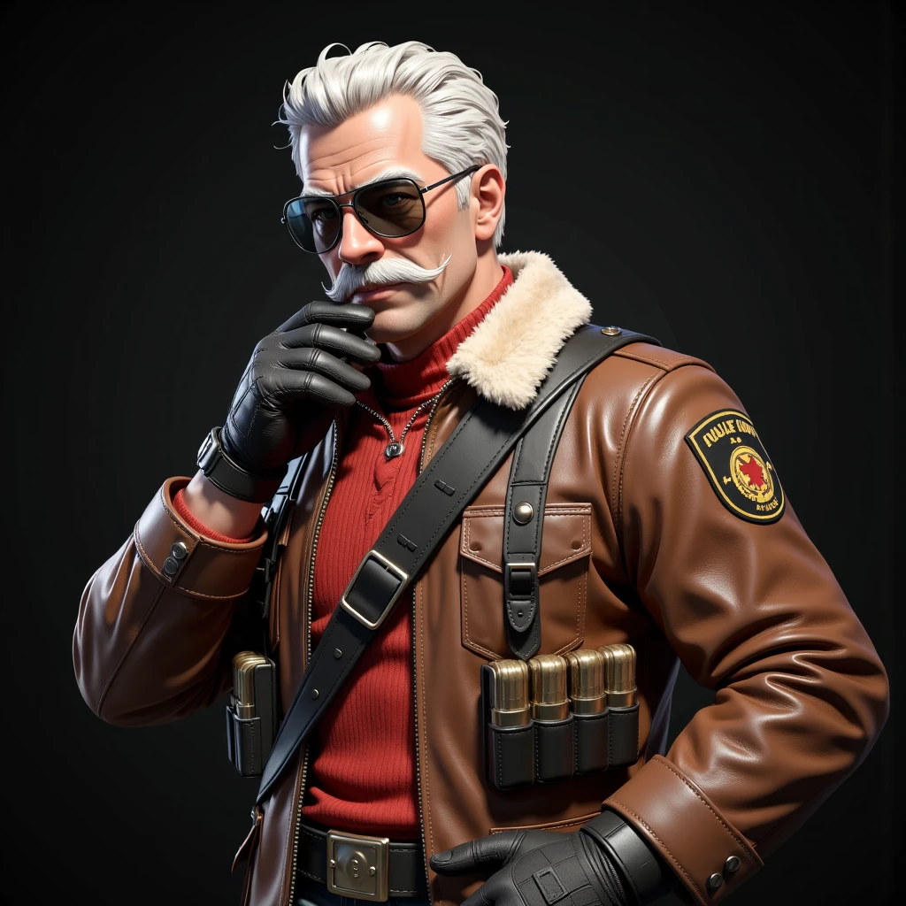 (masterpiece:1.2), (ultra-detailed:1.3), (high-quality 3D render:1.5), BREAK — A **rugged older male character** with **neatly styled white hair** and a **thick mustache**, depicted with extraordinary detail. The character wears **reflective, rounded sunglasses** that add a sense of mystery and style. His outfit is **military-inspired**, featuring a **brown leather jacket with fur lining**, **combat patches**, and **ammunition belts** crossing his chest. Beneath the jacket, a **red sweater** adds a pop of color, while **gloves** enhance his tactical aesthetic.  

The pose is **confident and dynamic**, with one hand resting near his face and his head tilted slightly, exuding charisma and authority. The lighting is soft and neutral, skillfully highlighting the textures of the **leather**, **fur**, and **metallic details** on the clothing.  

The **background is dark and minimalistic**, ensuring all attention is directed to the character. The design seamlessly merges **realism**, **retro-futuristic style**, and **military aesthetics**, creating a powerful and captivating portrayal of strength and leadership.  

**(rugged character design, retro-futuristic military style, detailed 3D textures, confident pose, charismatic leader, realistic lighting, cinematic portrait)**  