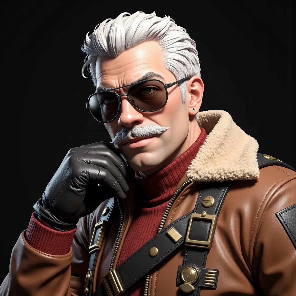 (masterpiece:1.2), (ultra-detailed:1.3), (high-quality 3D render:1.5), BREAK — A **rugged older male character** with **neatly styled white hair** and a **thick mustache**, depicted with extraordinary detail. The character wears **reflective, rounded sunglasses** that add a sense of mystery and style. His outfit is **military-inspired**, featuring a **brown leather jacket with fur lining**, **combat patches**, and **ammunition belts** crossing his chest. Beneath the jacket, a **red sweater** adds a pop of color, while **gloves** enhance his tactical aesthetic.  

The pose is **confident and dynamic**, with one hand resting near his face and his head tilted slightly, exuding charisma and authority. The lighting is soft and neutral, skillfully highlighting the textures of the **leather**, **fur**, and **metallic details** on the clothing.  

The **background is dark and minimalistic**, ensuring all attention is directed to the character. The design seamlessly merges **realism**, **retro-futuristic style**, and **military aesthetics**, creating a powerful and captivating portrayal of strength and leadership.  

**(rugged character design, retro-futuristic military style, detailed 3D textures, confident pose, charismatic leader, realistic lighting, cinematic portrait)**  