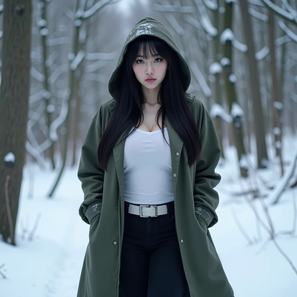 -High quality- -masterpiece- A 19-year-old girl, very beautiful, e-girl. Very white skin, black hair, beautiful brown eyes, very sexy body, big breasts, she was wearing a big green coat, a big T-shirt with a neckline, long black pants, a hood, Walking through a snowy forest, close-up of her looking at the landscape with a serious expression.
