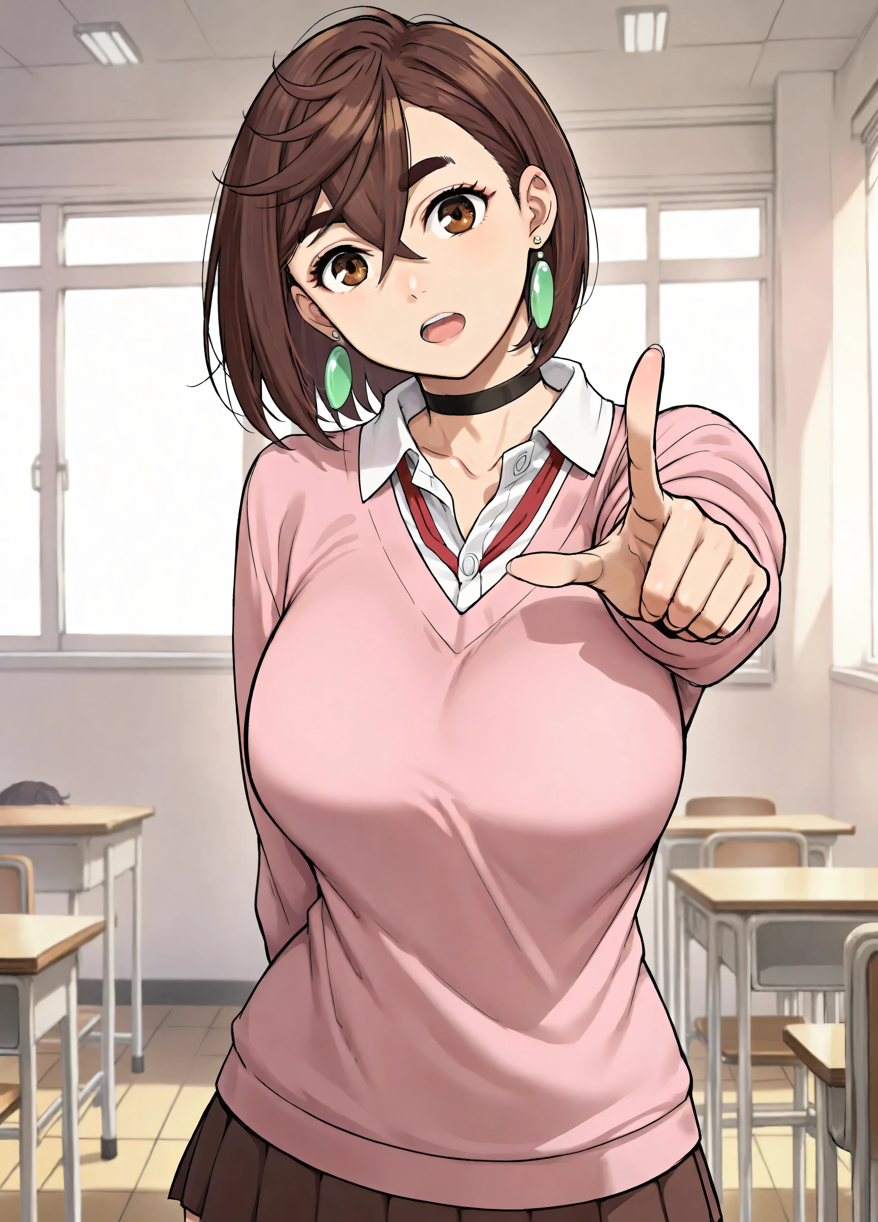 sketch,
Momo Ayase, 1girl, jewelry, solo, earrings, brown hair, looking at viewer, hair between eyes, short hair, black choker, thick eyebrows,large breasts,brown eyes, 
school uniform, pleated skirt, collared shirt,head tilt, pointing at viewer, open mouth, classroom,