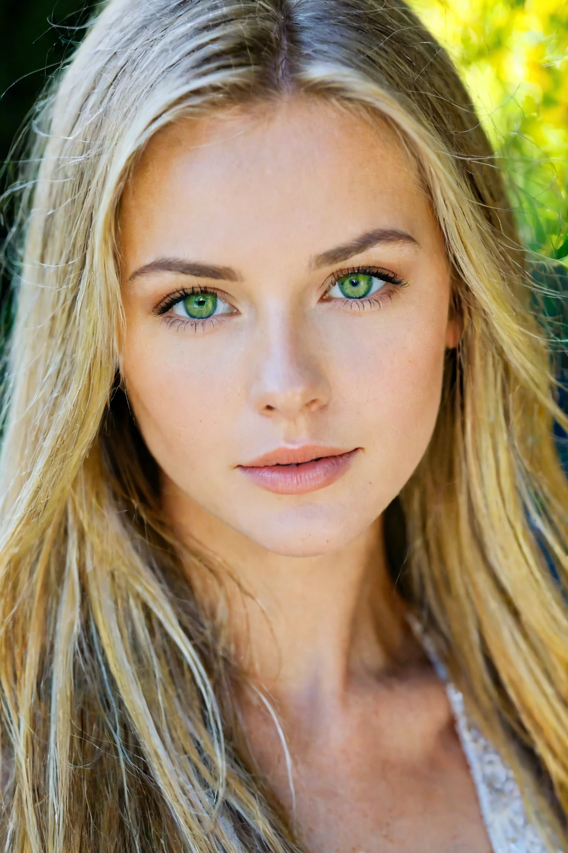 A beautiful young blonde woman with long hair and green eyes in close ...