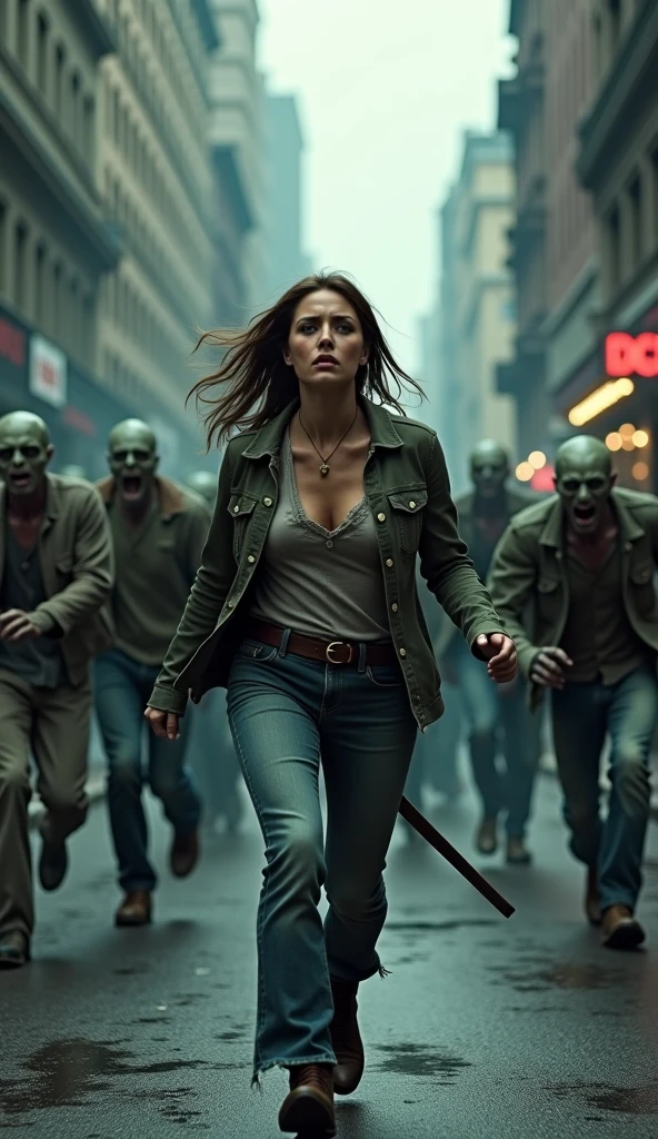 "A dramatic and intense movie cover or poster, featuring a woman fiercely fighting a horde of zombies. The woman is in the foreground, showing courage and determination through her facial expressions. She&#39;s dressed in tattered clothes and is running down a dark, desolate city street. Creepy and scary looking zombies are approaching her. The scene is dark and atmospheric, with a realistic and grim style. The book&#39;s title is prominently displayed at the top in a bold, old-fashioned font."