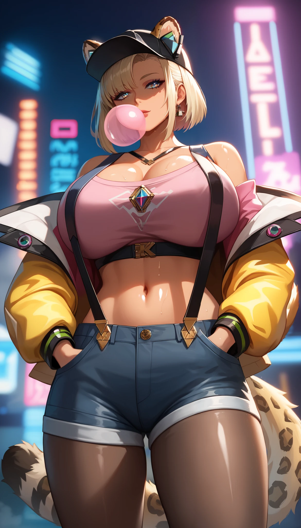 NTR, masterpiece, infidelity, Score_9, score_8_up, score_7_up, score_6_superior, source_anime, rating:general, 1girl, beautiful woman, beautiful body, body heat, tan skin, curvy, mature, big breasts, sweating, makeup, (ultra detailed eyes:1.1), amazing quality, very aesthetic, high resolution, ultra-detailed, absurdres, newest, scenery, neon rim light, dark, 1girl, huge breasts, wide hips, huge butt, thick thighs, black (lowleg:1.3) leggings, crop top pink shirt, (neon suspenders:1.2), dark blue open jacket, off-shoulder, platinum blonde,bob cut, sidelocks over shoulder,cowboy shot,from below, dutch angle, shiny dark eyes,looking away, hands in jacket pockets, oversized baseball cap, chewing gum, face focus, fine fabric emphasis, dynamic walking pose, twisty pose, head tilt, navel, wide shot, shiny skin, cyberpunk, BREAK, eyes, detailed eyes, masterpiece, best quality, amazing quality, very aesthetic, high resolution, ultra-detailed, absurdres, newest, scenery, depth of field, volumetric lighting, blonde hair, dog ears, leopard tail, Xilonen \(genshinimpact\), 8k, high quality, wallpaper