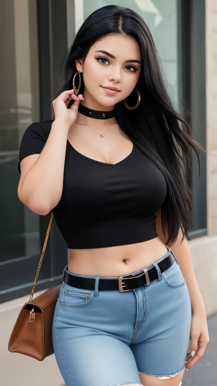 Beautiful 18-year-old girl with straight and long black hair wearing light-eyed earrings wearing short blouse and high-waisted jeans with a chubby stocking belt showing her navel 