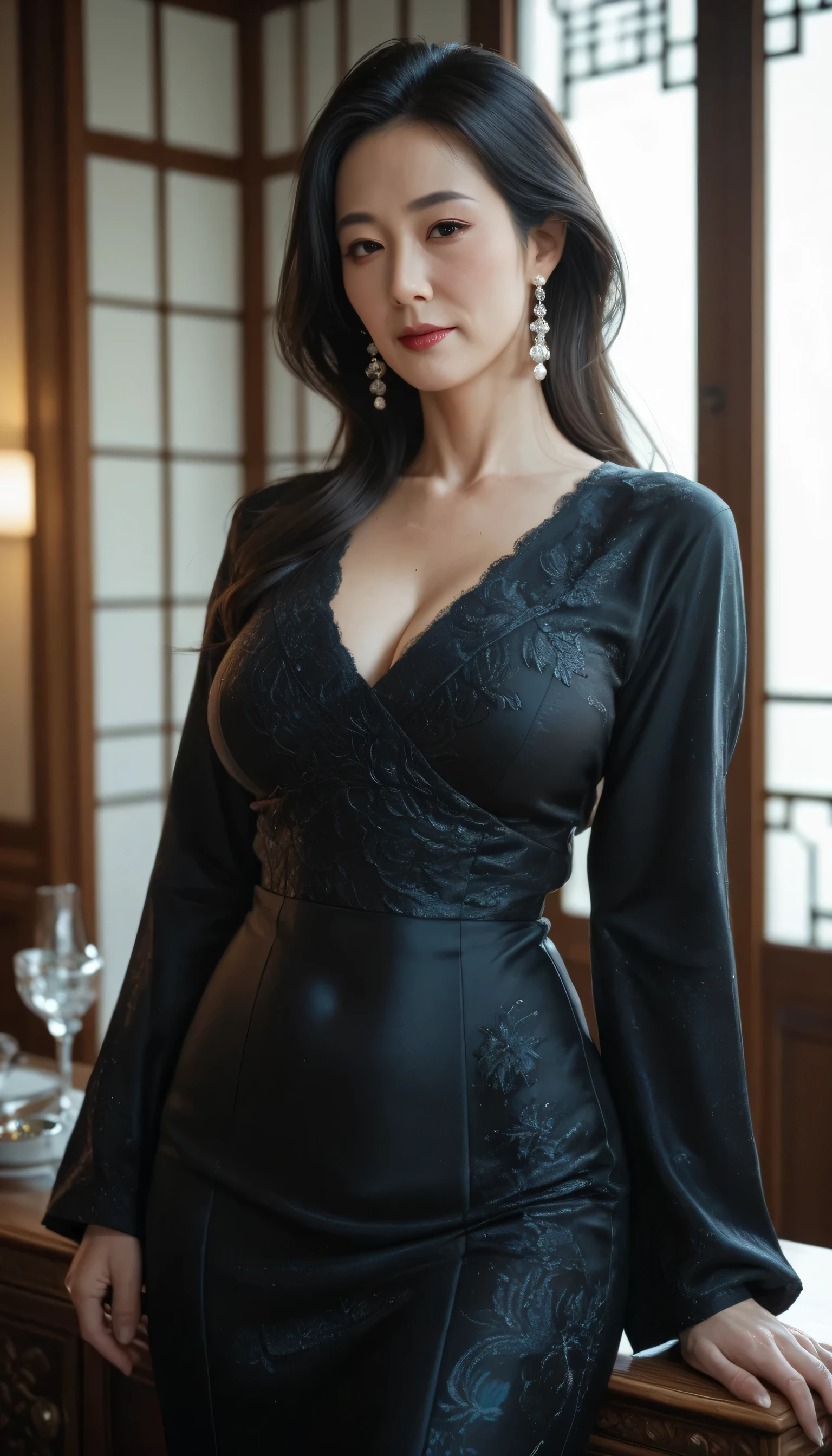 (Front Focus)、A smile、((black short wavy hair))、((Wearing black lace wide v-neck short dress))、( are see-through)、The dress doesn't have much fabric、Less cloth dresses、 Exposed、Chest exposed、Surrealist portrait of a beautiful mature woman by David Hockney and Alphonse Mucha,((chest sticking out from between the shirts,,,,,,,,,,,,,))、(((Feeling like it's about to spill out of your shirt)))、Crumbled shirt、Decorated with fine jewelry and shirts,Protruding 、(((Japan Woman, 50 years old)))、(((A sexy mature girl)))、queen、(Sexy Married Woman)、( Exposed)、((country road))、Fantasyart,photographrealistic,动态照明,art stations,poster for,curvy model, curvy body, thick body, (Breasts are big), goddes, Beautiful body, amouranth, large breasts size, Better known as Amouranth、Volumetriclighting,extra detailed face,4 k'',((Colossal tits))、With diamonds,Sexy thighs,Exposing your feet、exposing the abdomen ,Chest 1 Girl, low tune, Cowboy Shot,(official clothing:1.4), The eyes are confused and seductive,legs separated、