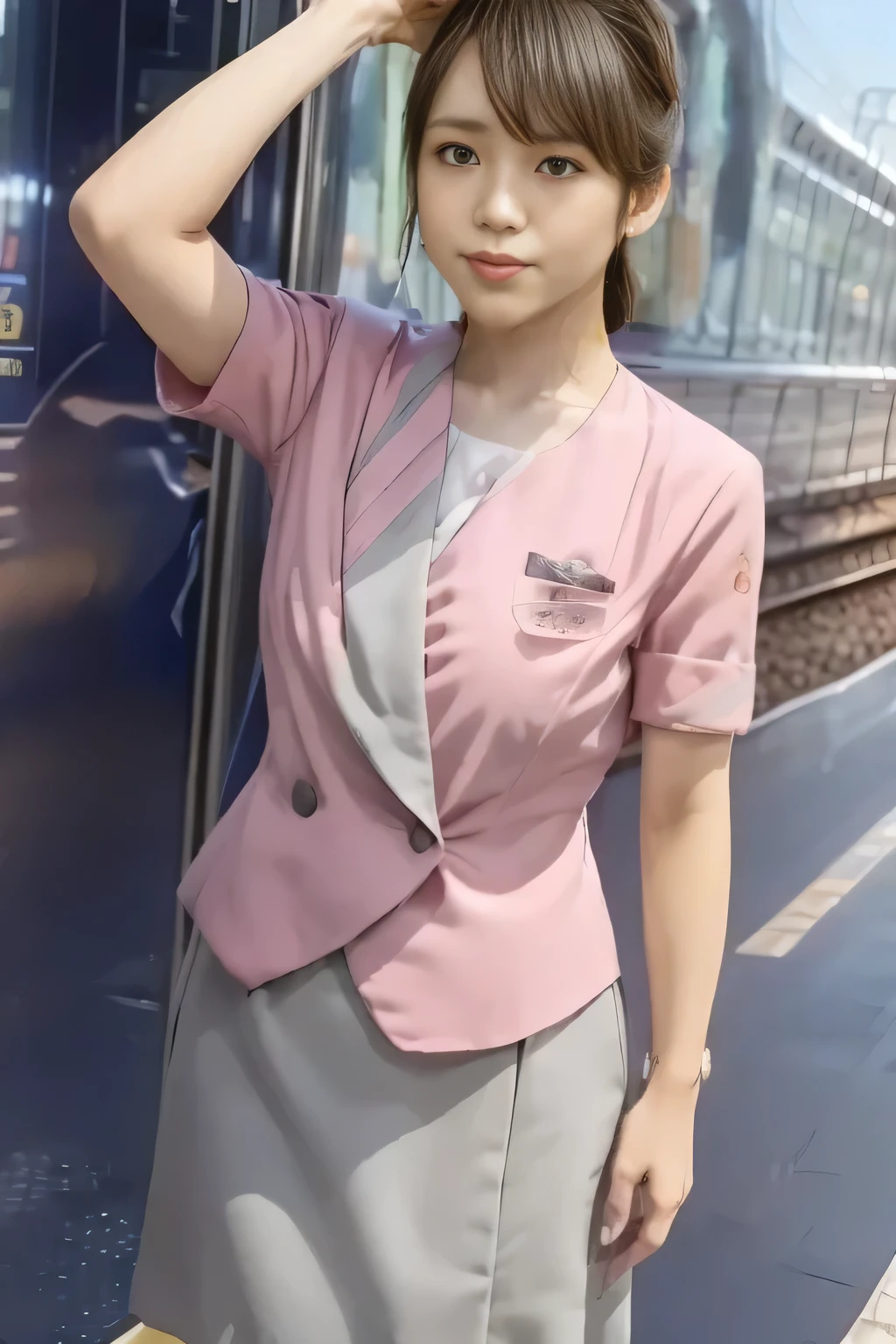 (Masterpiece:1.2, best quality :1.2), 32kHDR, there's nothing there, (Alone、 1 girl)、( On the roof of the building during the daytime 、 professional lights )、 against the roof of a building 、( Nankai train crew uniform pinkのリアルスタイル )、(( Nankai train crew uniform pink short sleeve jacket ))、((Nankai train crew uniform pink short sleeve collarless blouse ))、((Nankai train crew uniform pinkのグレーのラップキュロットスカート))、 dark brown hair 、( hair gathered、 hair bang、 hair bang)、 dark brown hair 、 long hit 、Big Breasted 、Thin legs、(( Amazing hands :2.0)),(( harmonious body proportions :1.5)),((Normal limbs:2.0)),((The usual :2.0)),(( Delicate eyes full of determination :2.0)),((Normal eyes:2.0)))、smile 、Hands crossed underneath