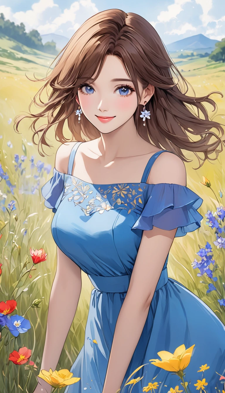   A fusion of ink painting and watercolor painting、 1 female, Create an animated version of your ideal style、Cute and beautiful face 、 pretty eyes ,   brown hair,   earrings、Beautiful blue dress,   smiling 、Create an animated version of a woman with 、grassland、Wildflowers、 bright color,  masterpiece、 best quality 、 HD、