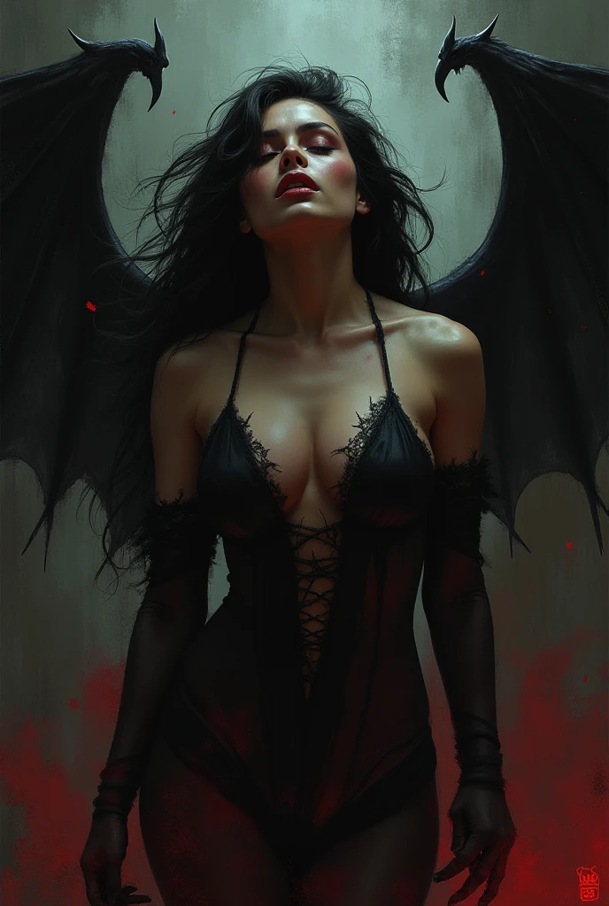 Lisa Ann ultra-detailed: The Empress of Darkness, Background to the destruction of hell, diabolique, insidieux, invincible, couronne sombre, Evil queen, Robe noire et rouge, demon wings dans le dos, Demon horn, Realistic detailed eyes, Shaded illustration of a high-quality cell in hell, corps entier, pose dynamique, anatomie parfaite, centered, Freedom, soul, Approche de la perfection, Ombrage de cellule, 8k , Cinematic dramatic atmosphere, Illumination globale, detailed and intricate environment, ArtStation, Art conceptuel, mise au point fluide et nette, volumeric lighting, lighting cinematic