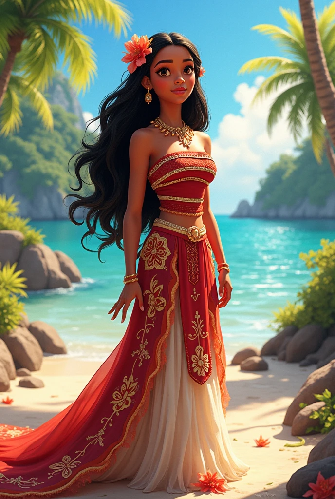 Moana in long orange dress
