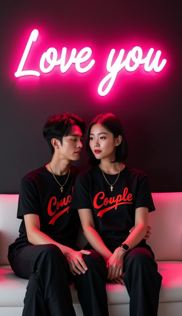 The husband lies on his wife's lap,My wife is playing with her phone,The light in the living room was ambiguous。The wife wears red heart-shaped pajamas,My husband was wearing a black t-shirt。The wife wears ponytail glasses,My husband wears black-framed glasses。