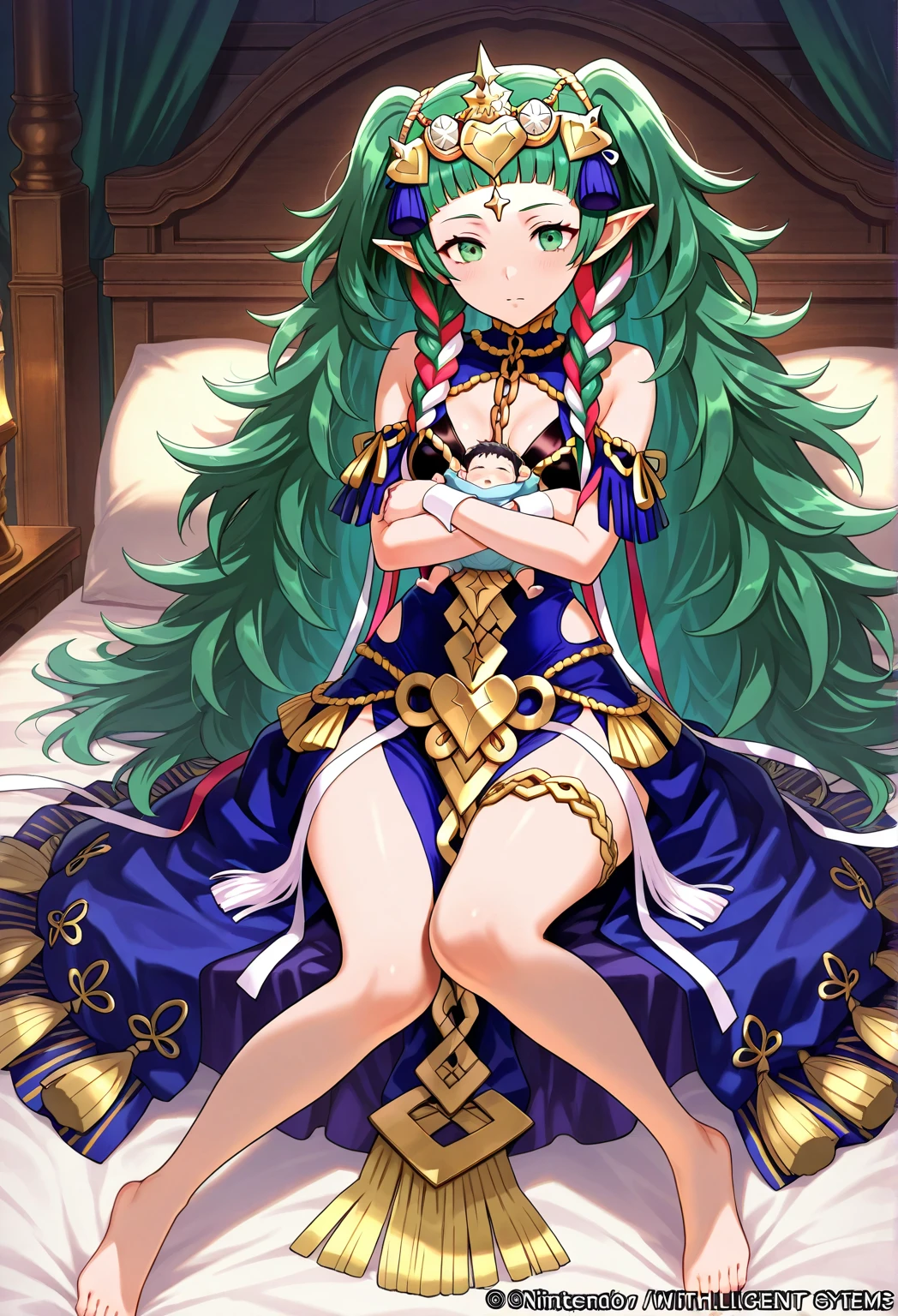 (masterpiece, best quality:1.2), from above, solo, 1girl, nagi, blush, smile, looking at viewer, tiara, dress, center opening, see-through, detached sleeves, bed <lora:nagi-fe-richy-v1_2:1.0>
