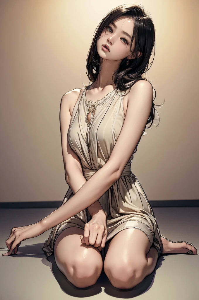One girl,Tifa Lockhart,Beautifully detailed eyes、Cowboy shot,white one piece dress ,Simple Background、Gray background、Cinematic lighting、sitting a couch,from below,(blush:1.3), ((Gazing at Something Off-Frame)),