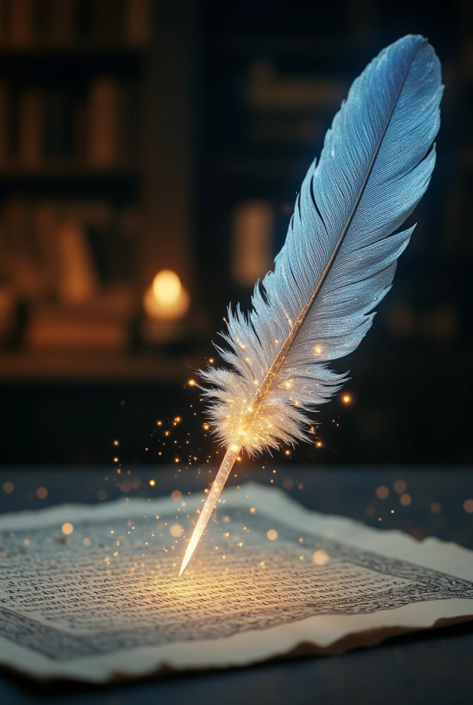 A hyper-realistic close-up of an enchanted quill, its feather shimmering with a soft, pearlescent glow in shades of blue and silver. The quillâs tip is made of fine crystal, sparkling as it hovers just above a parchment covered in glowing, golden runes，loating above it is a font that reads "LLM" as the title. The background is a blurred, dimly lit study filled with ancient books and scrolls, creating a warm, scholarly atmosphere. Semi-transparent wisps of magical energy coil around the quill, enhancing its ethereal quality. Realistic shading and highlights emphasize the softness of the feather, with subtle variations in color that catch the light. The crystal tip of the quill refracts light, creating a delicate prism effect on the parchment. One glowing rune pulses faintly as the quill hovers, poised to continue writing its mystical script.F