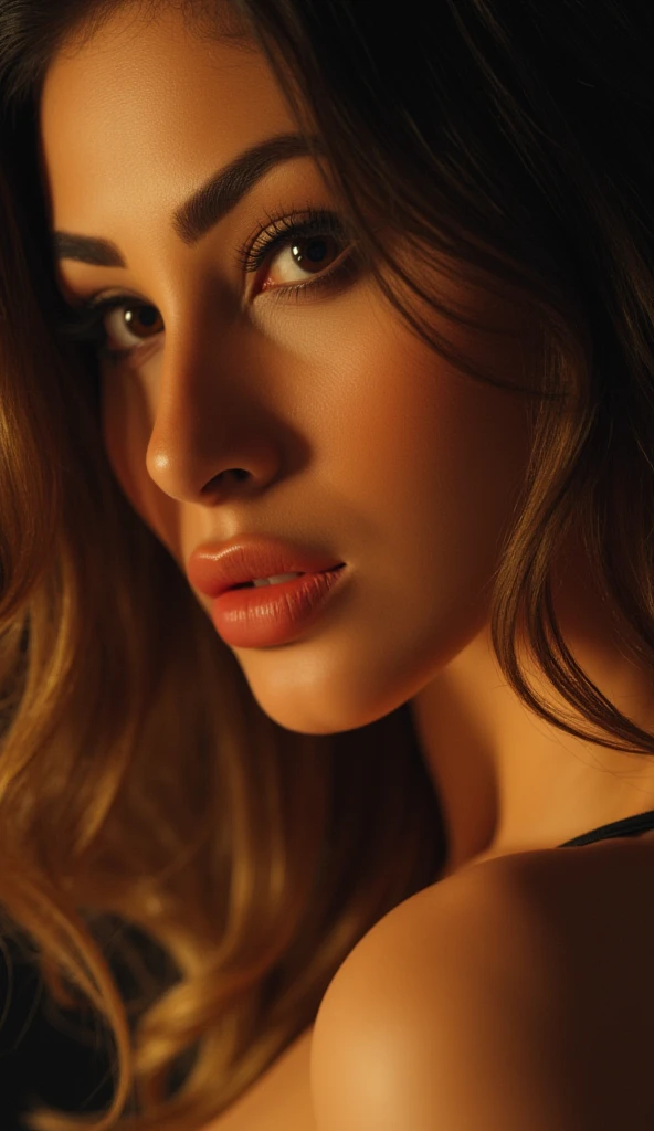 1girl, beautiful detailed eyes, beautiful detailed lips, extremely detailed face and body, long eyelashes, intricate lingerie, sensual nude figure, curvy sexy body, big breasts, masterpiece, photorealistic, 8k, high detail, hyper realistic, cinematic lighting, dramatic lighting, chiaroscuro, warm color palette, glowing skin, volumetric lighting, intricate details