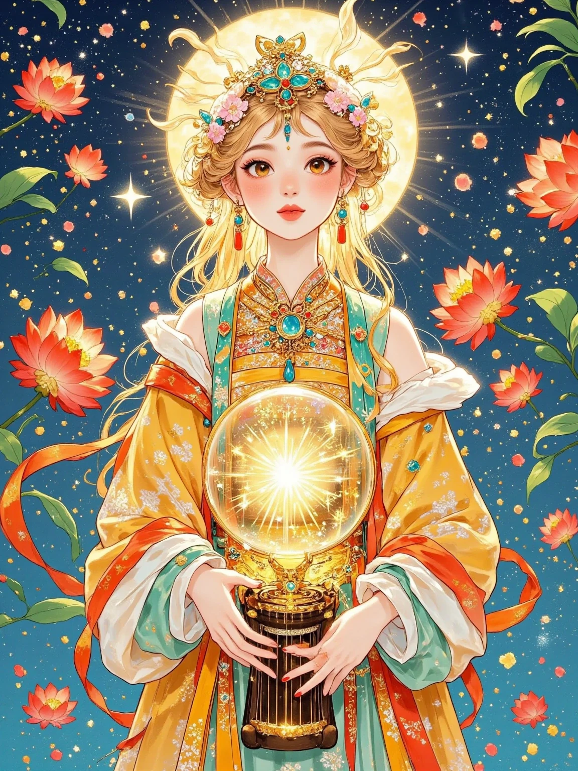 Floating in the vast starry sky,She is dressed in a dazzling golden brocade dress,The gems inlaid on her clothes are like stars in the sky,As she moves in the starry sky,are shining with mysterious light。The collar and cuffs of her clothes,is decorated with soft nebula-shaped gauze,Like a dream。She has smooth light golden long hair,and spreads out in a spiral,There is a diamond-shaped star gem in the middle of her forehead,Dazzling light。She holds a seven-stringed zither,The strings of the zither seem to be woven with star rays,She strokes the strings,The melody is lingering,as if resonating with the universe。The backlight carves out its outline,The ultra-high-definition panoramic view places her in the vast starry sky,showing a majestic and ethereal fairy spirit。