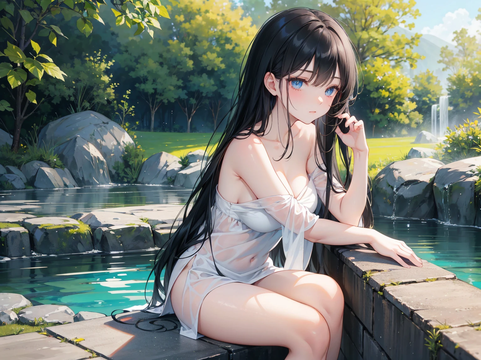 (masterpiece),4k, (ultra realistic), (best quality), (high detailed face),sexy, 1girl, a beautiful girl near the river, slim, long legs, (full naked body), (flat chested), (black stocking), (front view), (ultra detailed body), (ultra detailed hair), (high detailed hands), anime, (sitting), (spreading legs:1.4), (pubic hair)