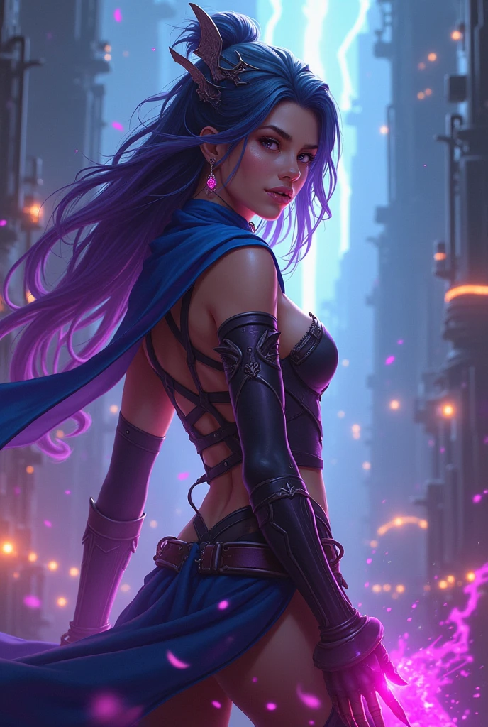 Make a beatiful zaunite young woman with Arcane league of Legends artstyle