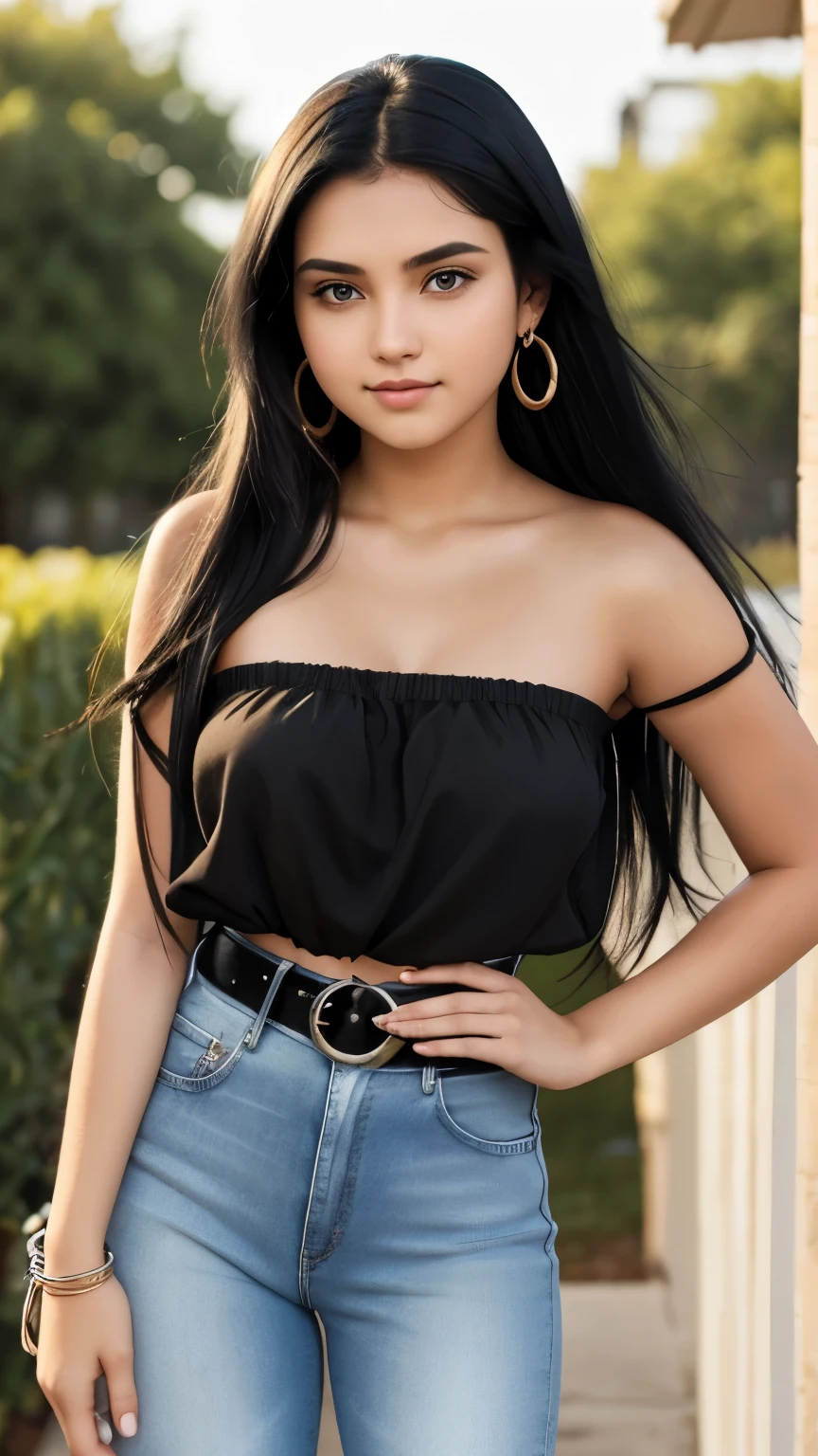 A close up of a woman wearing a black top and jeans - SeaArt AI
