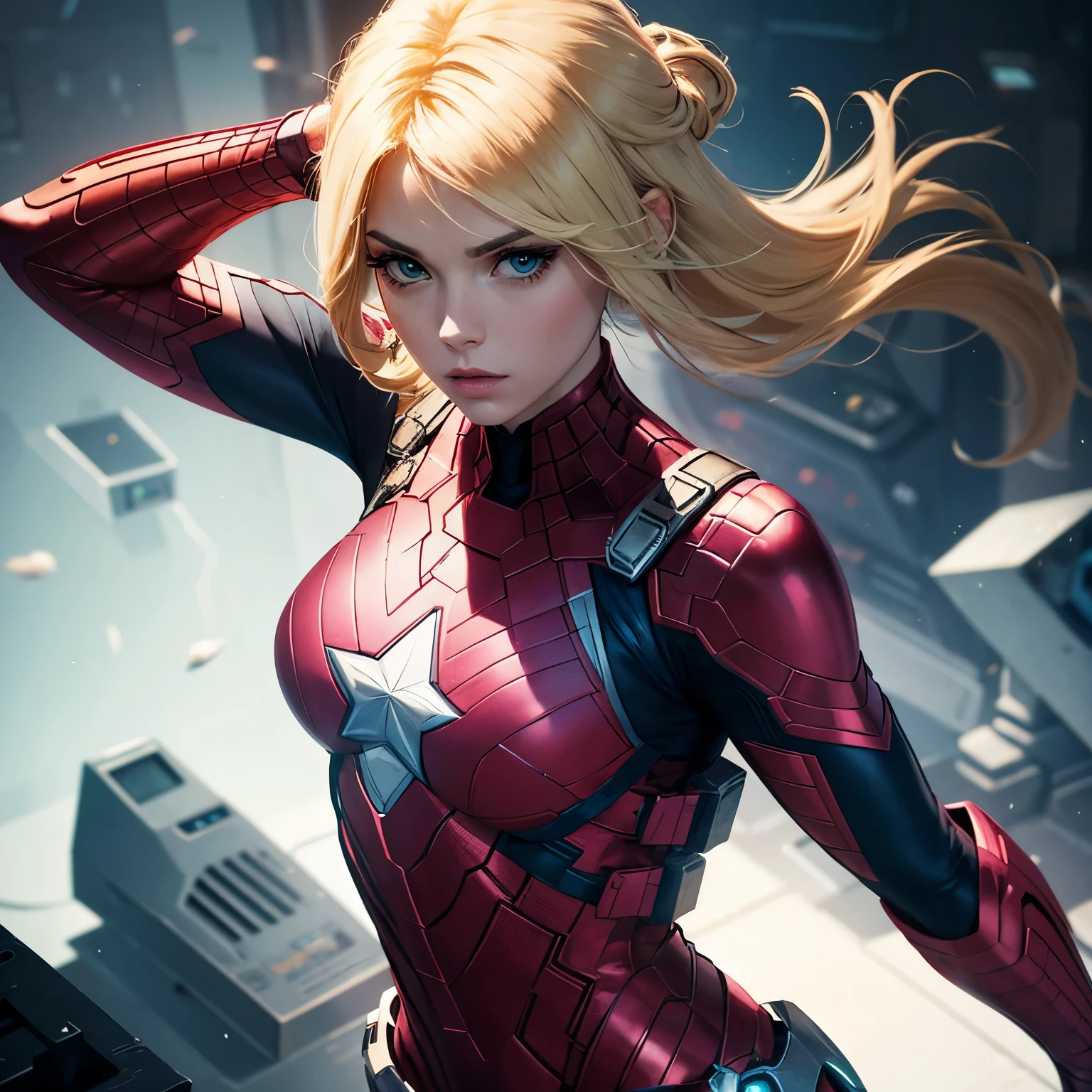 A girl, 5 years old, American, black widow, tight, long blonde hair, fighting stance, cute, action scene, extreme detail, real, perfect legs, perfect fingers, --auto --s2