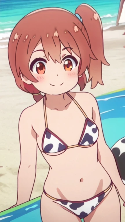 a girl, Alone, orange hair, side ponytail, sonrisa, cow print bikini, beach