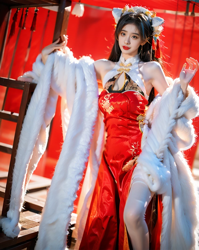 Boa hancoc. one girl, dark-haired, dressed in red, in a white robe, beautiful, marine, realistic, holding his cheek