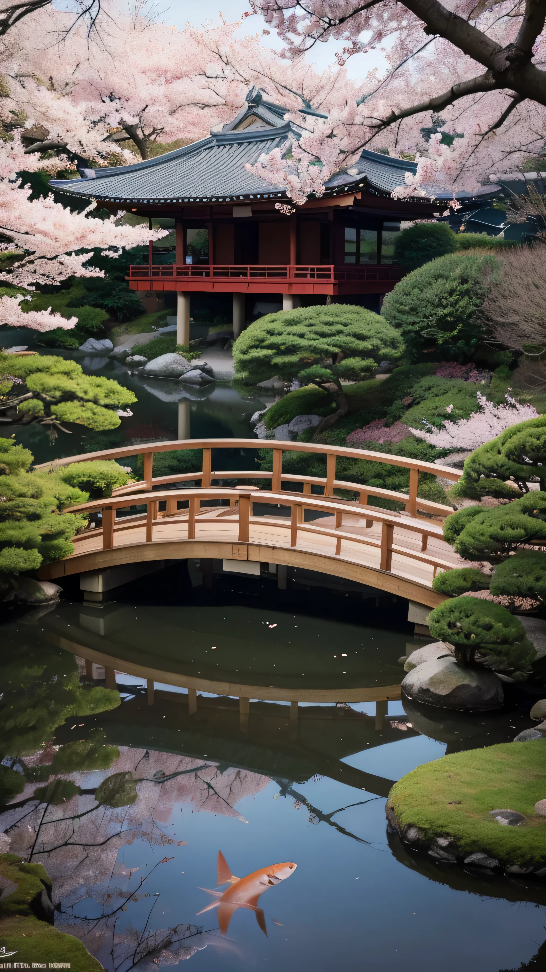 ( digital paint),( top quality ), Quiet Japanese garden,   Cherry Blossoms in Full Bloom , Carp Pond, Pedestrian bridge, Pagoda, Ukiyo-e style, Hokusai inspiration, Devian Art Popular , 8K ultra-realistic ,  Pastel Color Schemes,  soft lighting on the body, golden hour,  quiet vibe , Landscape orientation