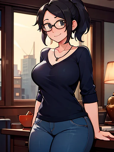 Aunt Cass Hamada from Big Hero 6, blue low-cut sweater, jeans, necklace, friendly expression, tall slender build, grey hair in a ponytail, glasses 