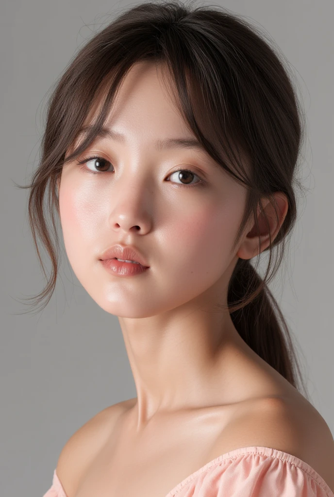 phot of a beautiful Japanese women, top-quality, masterpiece, hight resolution, 1girl in, beautiful and flawless face,8K, ighly detailed,white and simple camisole, ((top-quality、8K、masterpiece:1.3))、Focus:1.2、Facing the front、simple background、
