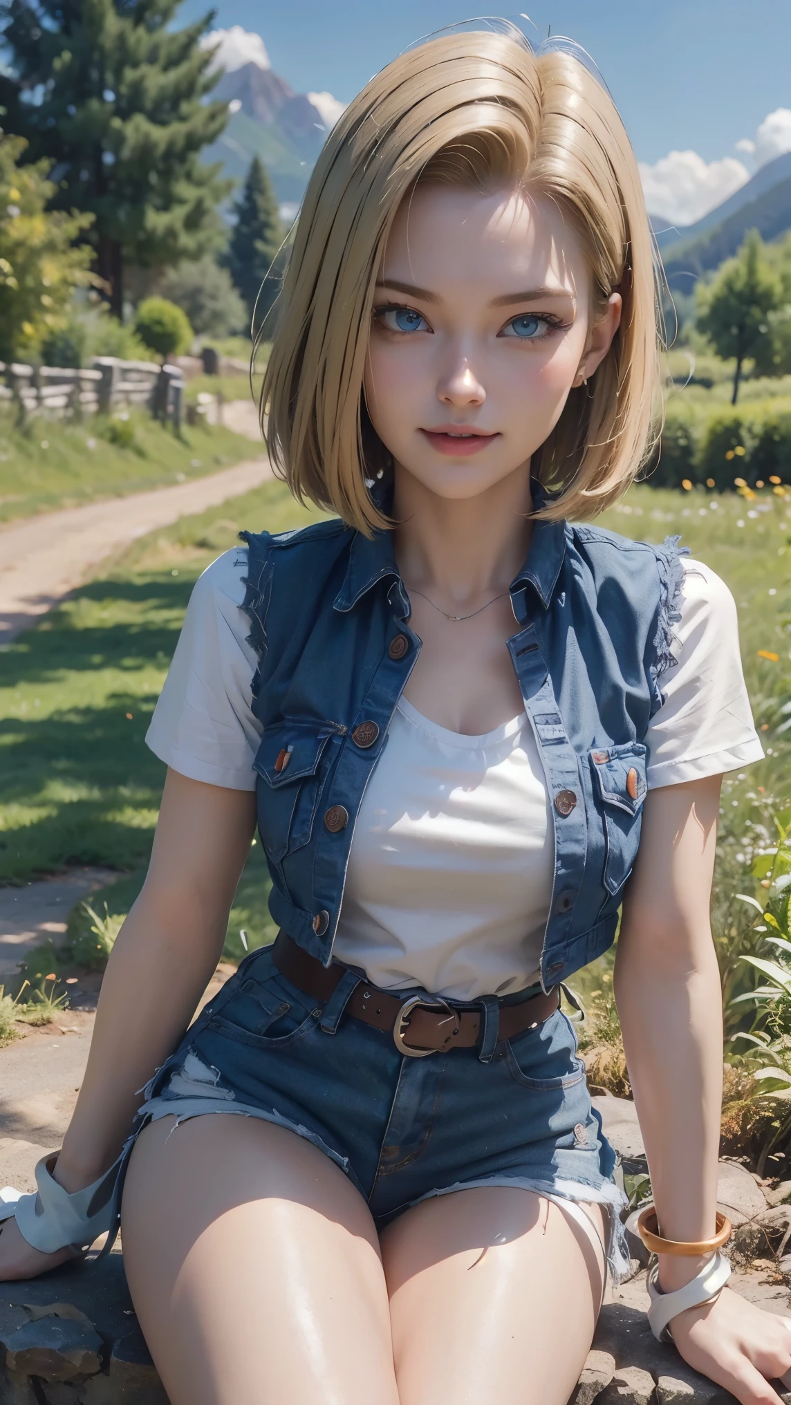 Android 18,(best qualityer,4K,8k,high resolution,work of art:1.2)(weather: cloudy), mountain village background, mountain road, white T-shirt, black cropped vest, belt, bracelet, black gloves, green jeans, orange socks, black school shoes, eyeliner, short straight hair, blonde hair, ultra detailed, realistic, portrait,beautiful detailed blue eyes, glowing eyes,blush,beautiful detailed lips,extremely detailed eye and face, long eyelashes, sexy,average, large breasts,beaming smile, flirty smile,powerful girl, sexy pose, stunning curves,bright coloured,dramatic lighting, dirty body, hair flying, ripped clothes,