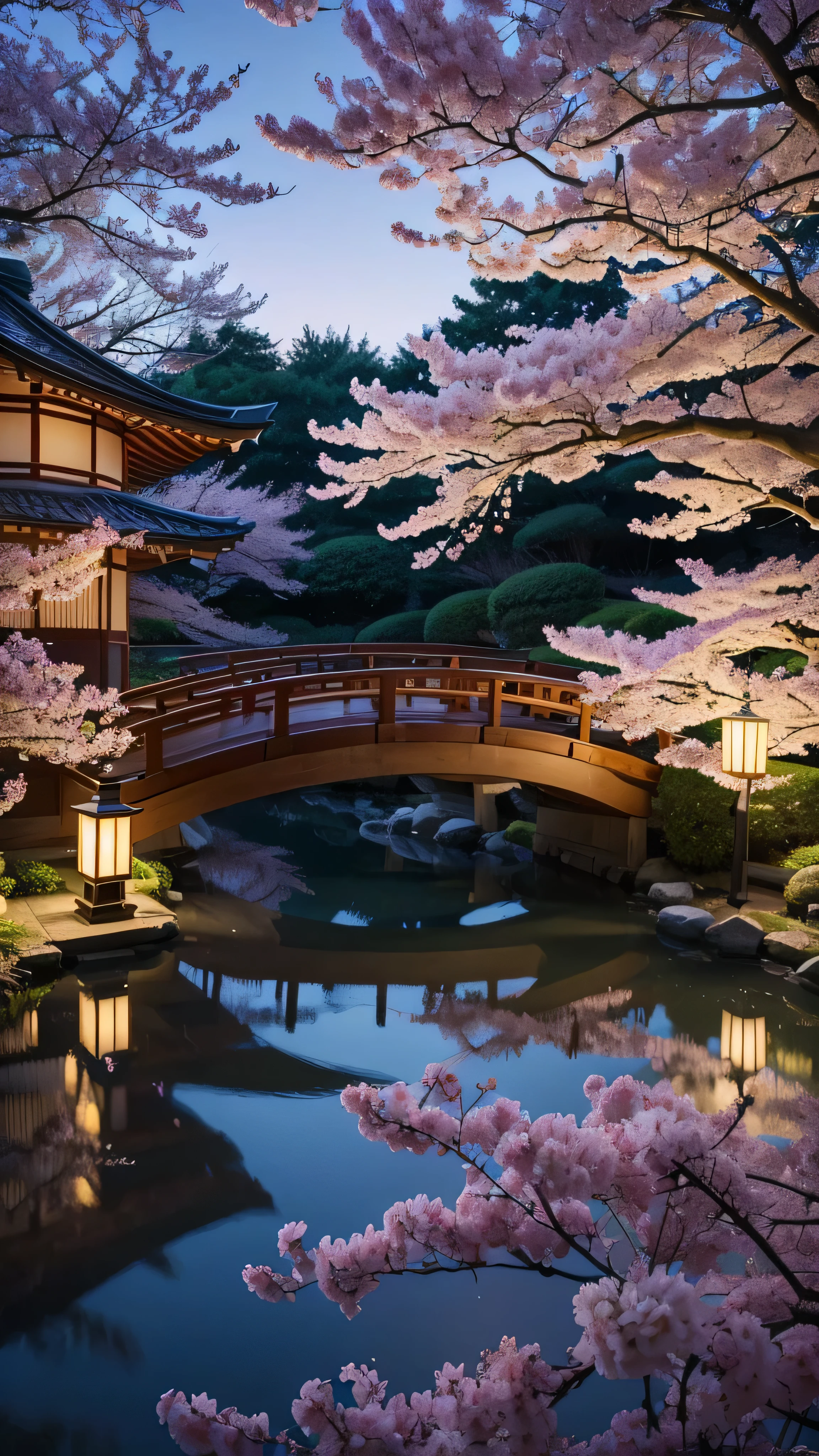 ( digital paint),( top quality ), Quiet Japanese garden,   Cherry Blossoms in Full Bloom , Carp Pond, Pedestrian bridge, Pagoda, Ukiyo-e style, Hokusai inspiration, Devian Art Popular , 8K ultra-realistic ,  Pastel Color Schemes,  soft lighting on the body, golden hour,  quiet vibe , Landscape orientation