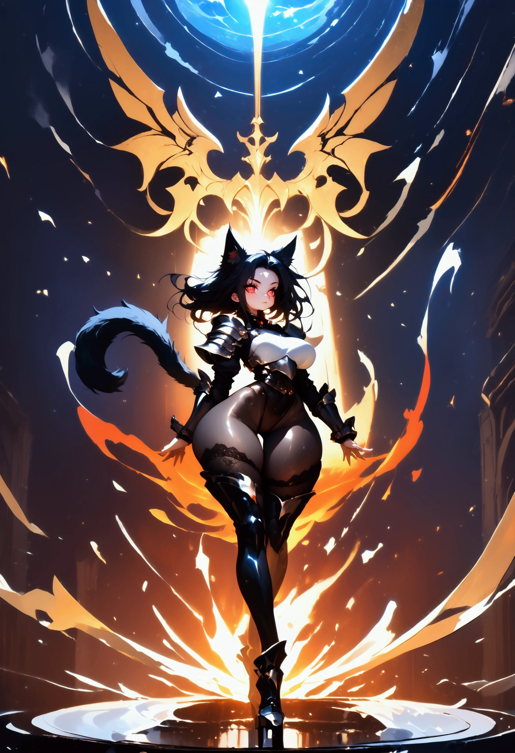 A petite cat girl with long black hair and intense fiery red eyes, clad in oversized shining full plate cover entire body plate armor with overlaying holy white cloth, underlayer of black lace tights, armored plate thigh high leggings, armored high heeled boots, armed for combat, cute, armor. long black furred cat tail, long legs, thick firm thighs, wide hips, athletic form, firm ass, full body in frame, wholebody, standing defiantly strong pose.