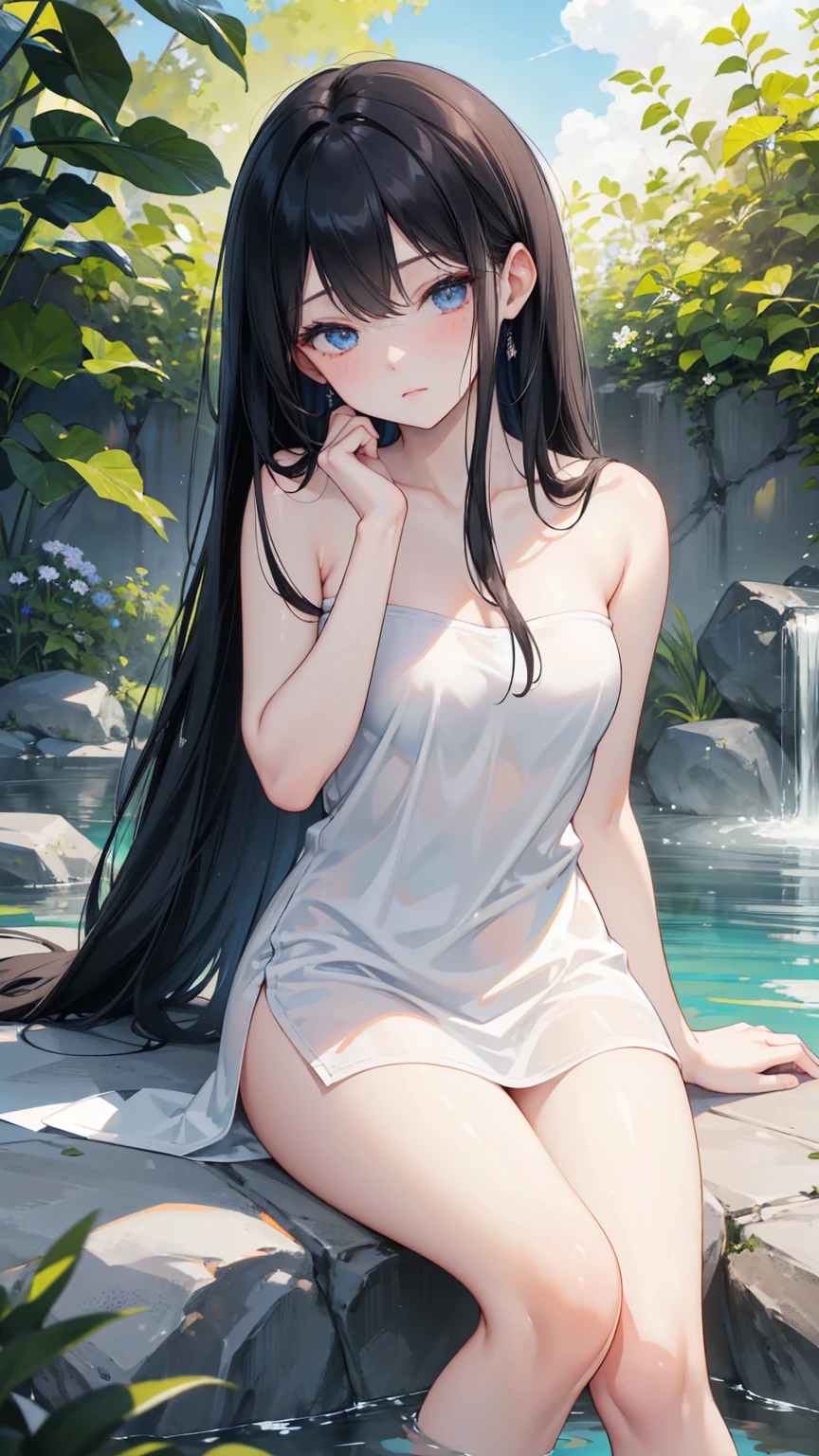 Long white haired woman in white dress sitting in a stream, in style of wlop, Guviz-style artwork, Guviz,Glow skin,The genitals