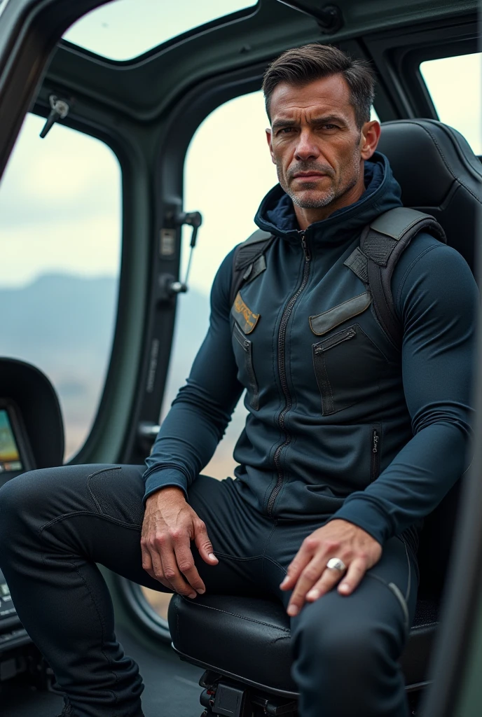 An award-winning original photo, 1 man, solo, ((41 year old)), Chris Redfield, ((daddy)) weaing casual gray T-shirt inside, ( jacket with white and green print outside), (black trousers), muscular male, tall and hunk, biceps, abs, deadpan face, best quality, masterpiece, dynamic angle, beach in the background, detailed face, volumetric lighting, center focus, from below,(Best quality, A high resolution, Photorealistic), Cinematic lighting, Masterpiece, RAW photo, Intricate details, hdr,