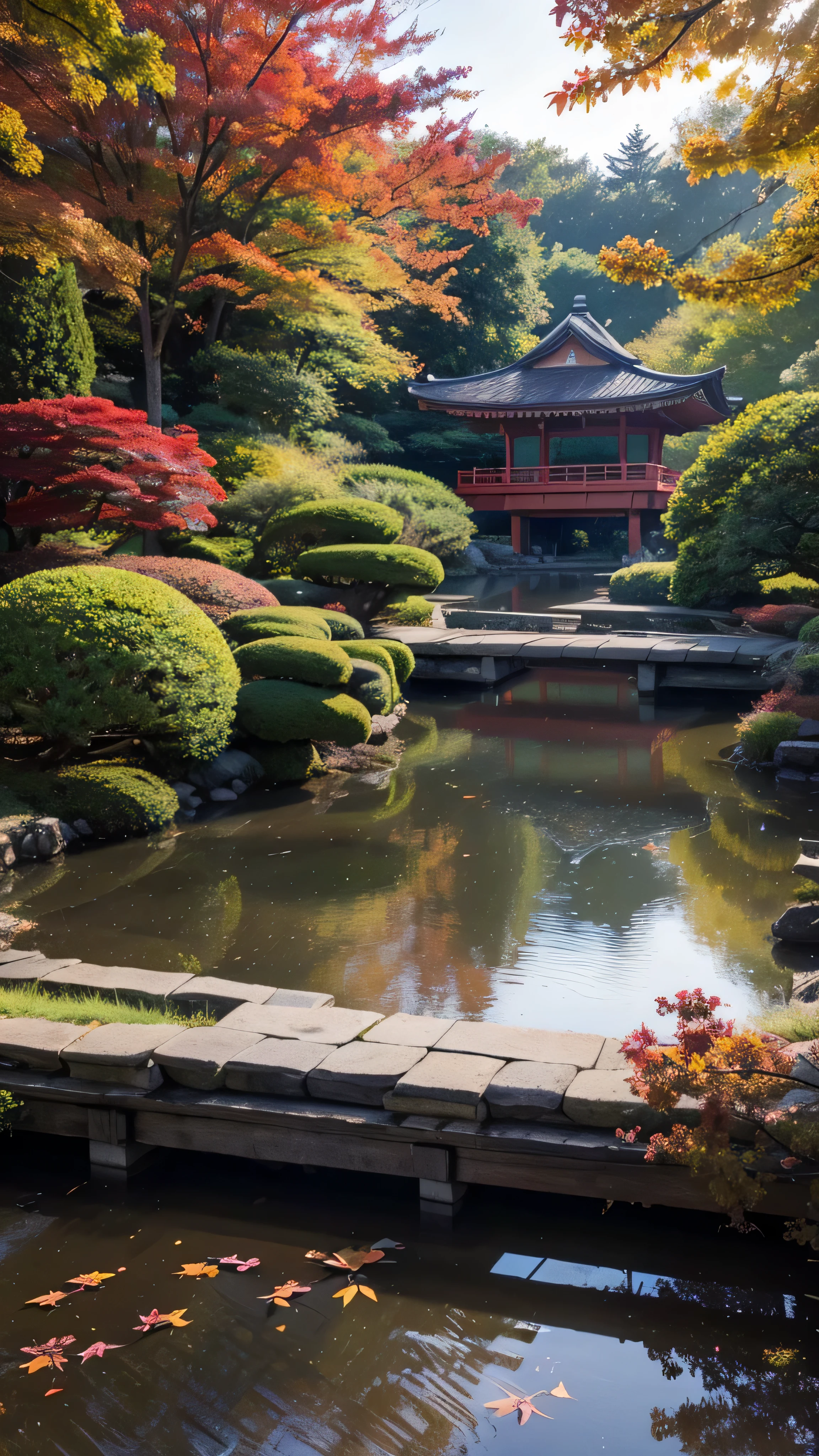 ( digital paint),( top quality ), Quiet Japanese garden,   Cherry Blossoms in Full Bloom , Carp Pond, Pedestrian bridge, Pagoda, Ukiyo-e style, Hokusai inspiration, Devian Art Popular , 8K ultra-realistic ,  Pastel Color Schemes,  soft lighting on the body, golden hour,  quiet vibe , Landscape orientation