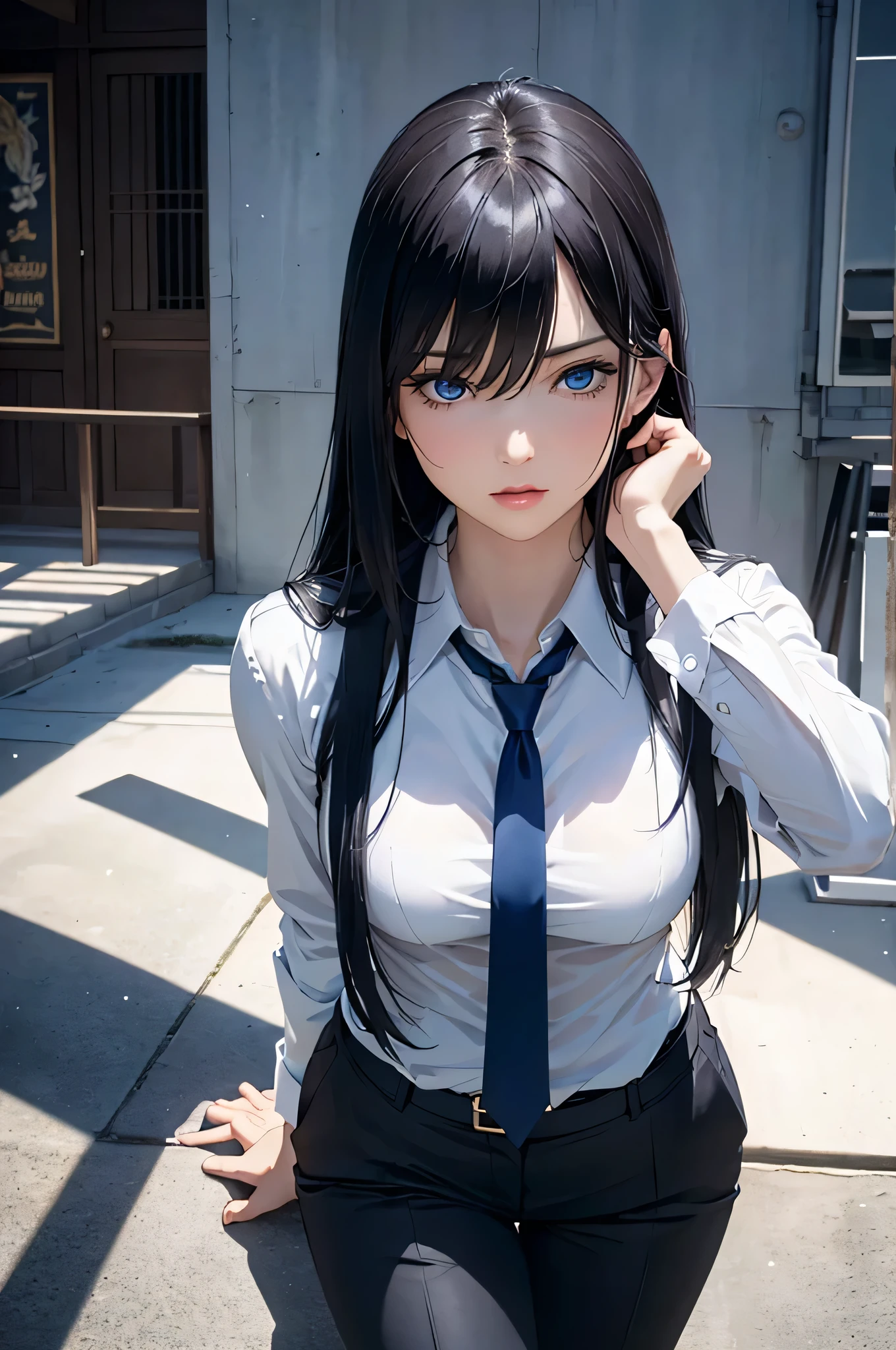  8K resolution ,(( best quality )), ultra high definition,Adult female, Alone,  sexy, ( expressionless), ( blue eyes),  beautiful symmetrical face , ( long black hair ,length to cover eyes ), white business shirt, suit pants, realistic:1.4, realistic:1.4,(masterpiece:1.2), perfect eyes,（ open your mouth:1.3),sit, Night Tavern,mercenary,strong