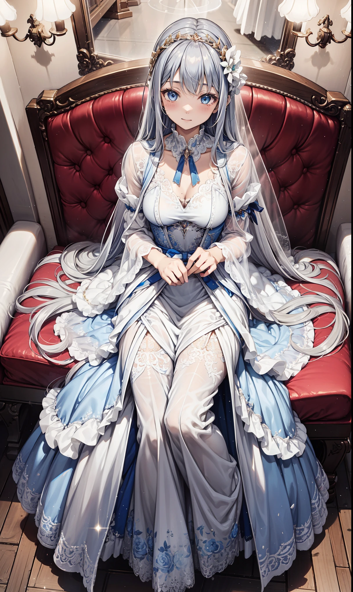 (   best quality,4K,8K,    high resolution bench  ,   masterpiece:1.2),   extremely detailed,   pretty girl ,Queen,   magic   ,enchanting,joy,Holy,   magic   al effect,Silver Hair,   blue eyes,Pink and white princess dress  ,bridal crown   , Gold Dress,  Exquisite clothing,Layered Skirt,Delicate lace,Delicate ruffles,bedroom, unique ,At night,   lace pantyhose   ,神圣条纹,Transparent clothing,   Jewelry Decoration   