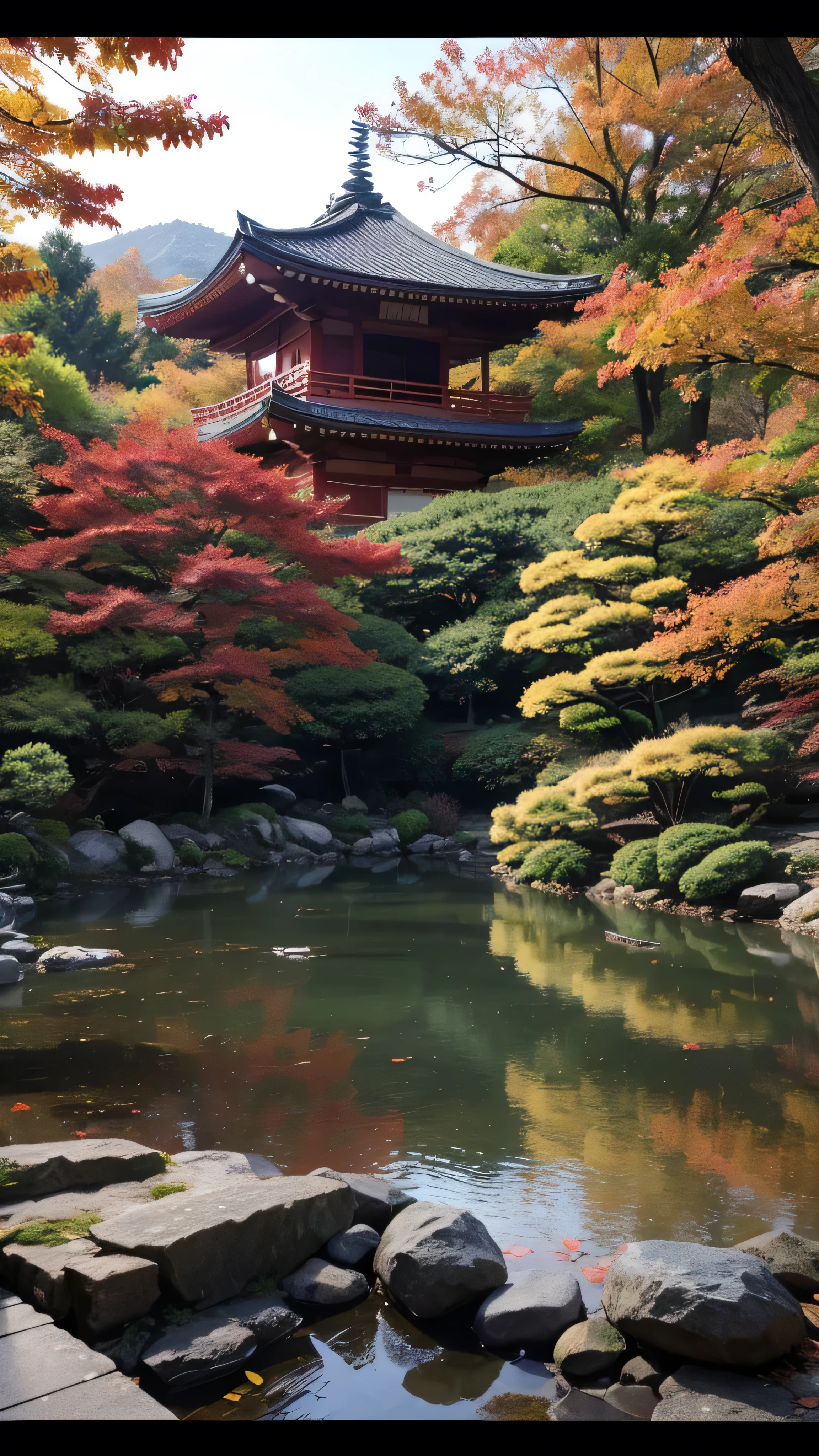 ( digital paint),( top quality ), Quiet Japanese garden,   Cherry Blossoms in Full Bloom , Carp Pond, Pedestrian bridge, Pagoda, Ukiyo-e style, Hokusai inspiration, Devian Art Popular , 8K ultra-realistic ,  Pastel Color Schemes,  soft lighting on the body, golden hour,  quiet vibe , Landscape orientation