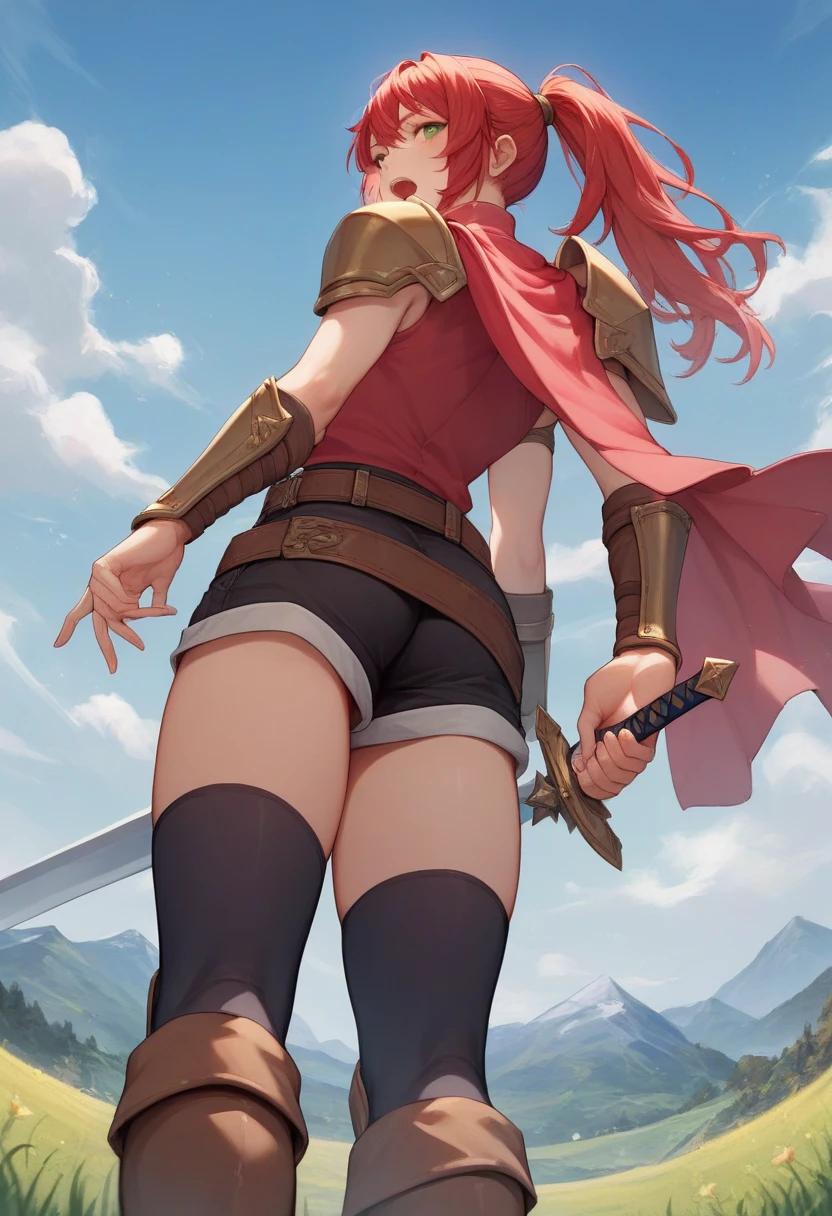 NSFW,sex,ass,masterpiece, best quality, 1girl, 1man,  alslvl, sidelocks, ponytail, sidelocks, red hair, green eyes, armor, shoulder armor, pink shirt, sleeveless shirt, bracers, belt, black shorts, short shorts, brown belt, red waist cape, field, mountains, blue sky, black thighhighs, brown boots, full body, holding sword, sword, open mouth, (from below:1.4), looking at viewer, 