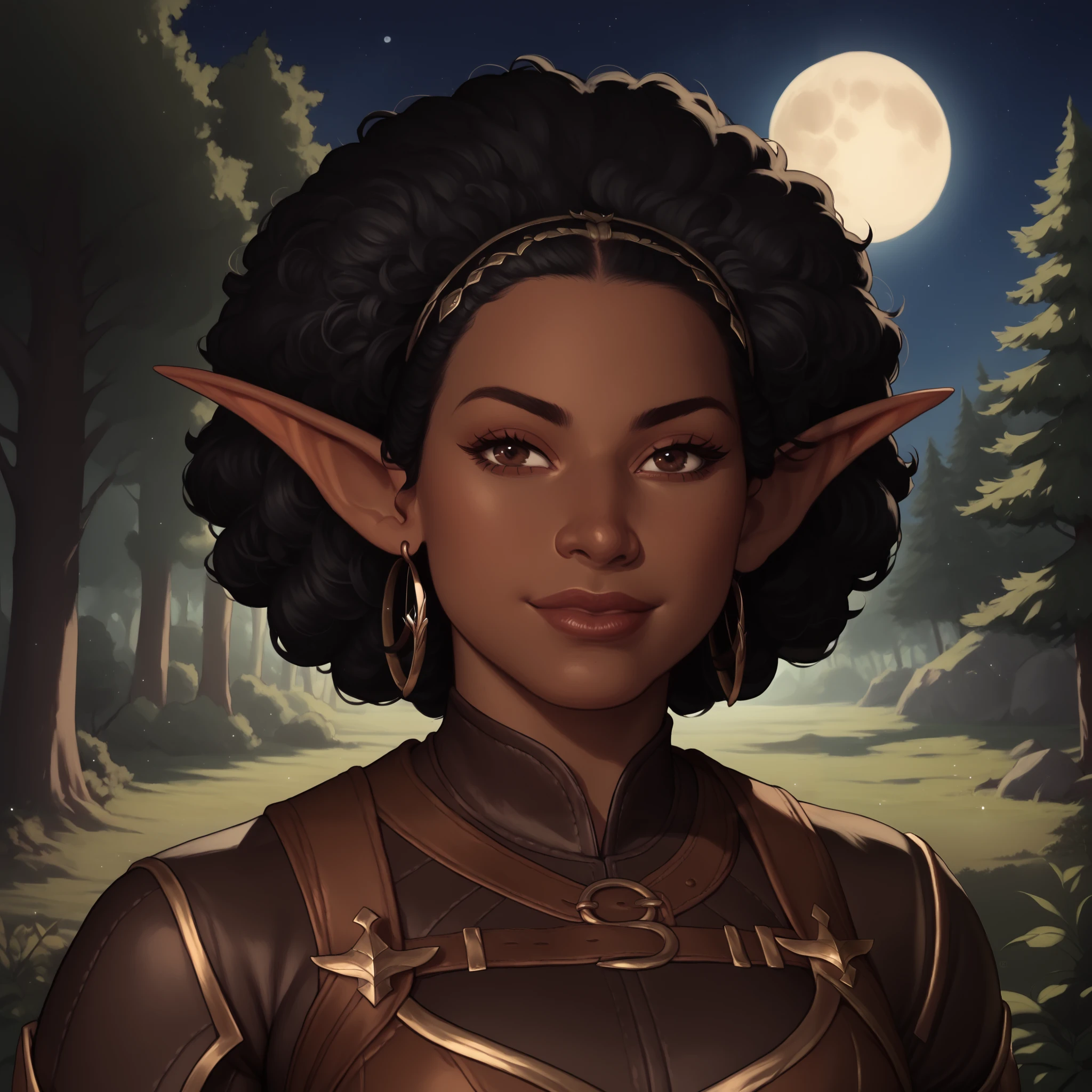 (((beautiful, high quality, comics style, detailed face))), score_9, score_8_up, score_7_up, BREAK, 1girl, solo, elf female, african, ebony skin, black hair, afro hair, thick hair, big dark-brown "doe" eyes, lovely easy smile, youthful features, fat, obese, brown leather armor, well-crafted, etched design on leather, at night, full moon, forest background, fantasy, blurred background, Expressiveh, detailxl, DeepNegative_xl_v1, zPDXL3