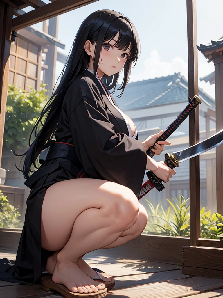 ((masterpiece,best quality anime,Highest quality:1.3)),realistic,cowboy shot,(25 year old beauty),Female ninja,1woman,solo,((very small head:1.4)),((very long body:1.3)),black hair,bangs,straight long hair,gorgeous big eyes,black eyes,shy,in heat、((tan skin:1.5))、((Injury,mole)),((slender body:1.3,skinny)),medium breasts,naked,nipples,gleaming skin,shiny skin,oily skin:1.4,sweat:1.3,Love juice。,Japanese sword stuck in the ground,sitting,spread legs:1.3,Old shrine in the mountains、night,nsfw,
