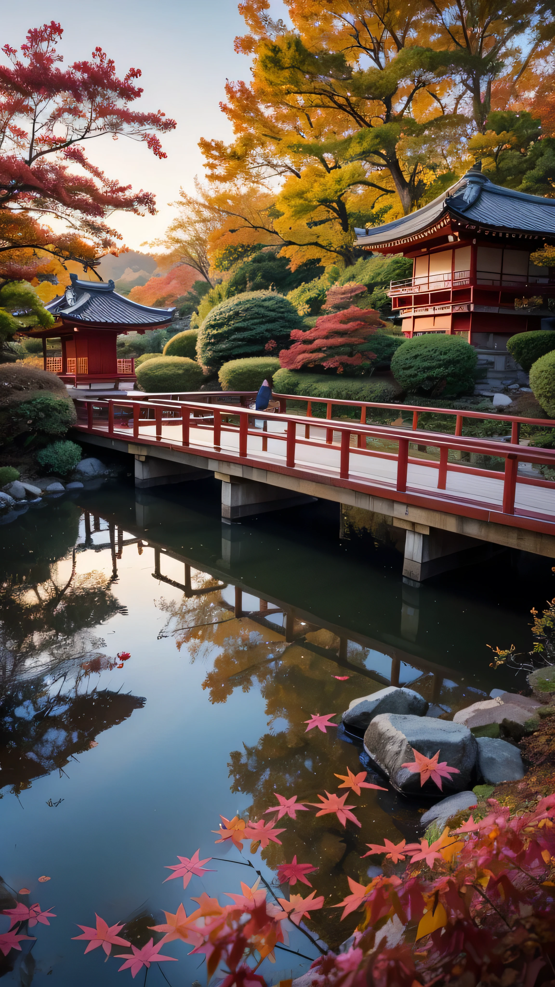 ( digital paint),( top quality ), Quiet Japanese garden, Bright red autumn leaves, Carp Pond, Pedestrian bridge, Pagoda, Ukiyo-e style, 8K ultra-realistic ,  Pastel Color Schemes,  soft lighting on the body, golden hour,  quiet vibe ,  landscape