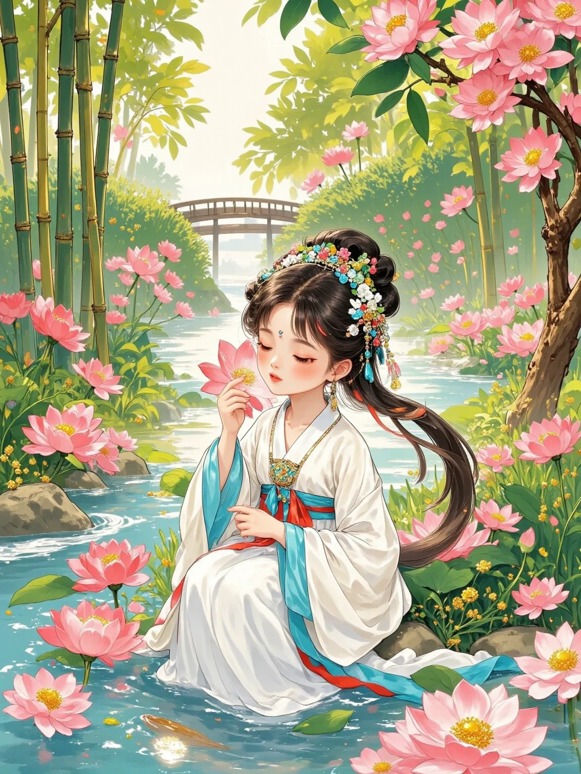  The quiet and deep valley ， Cherry Blossoms ， Clear Spring Sings ，Silence。 The Goddess wears a white plain yarn coat ，Sleeves fluttering， Not too many decorations ，, only the cuffs are light blue Silk thread 。 She sits on a rock by the creek ， with long hair like a waterfall ， with a green bamboo hairpin ， Feeling Cool 。 with a jade in her hand ， and gently blows it on her lips ， The sound of the flutters is ethereal and gentle ，Echoing Valley 。 under backlight ， is shrouded in halo ， The surrounding green bamboo light and shadows are mottled ， large aperture bokeh background ， Ultra HD picture quality brings out this otherworldly hidden beauty。