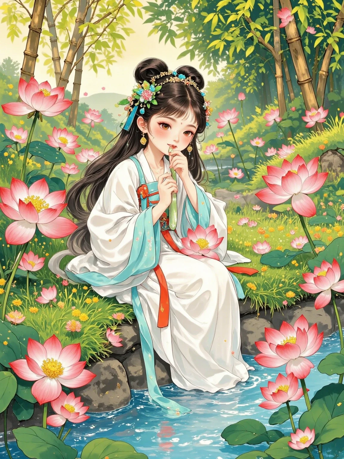  The quiet and deep valley ， Cherry Blossoms ， Clear Spring Sings ，Silence。 The Goddess wears a white plain yarn coat ，Sleeves fluttering， Not too many decorations ，, only the cuffs are light blue Silk thread 。 She sits on a rock by the creek ， with long hair like a waterfall ， with a green bamboo hairpin ， Feeling Cool 。 with a jade in her hand ， and gently blows it on her lips ， The sound of the flutters is ethereal and gentle ，Echoing Valley 。 under backlight ， is shrouded in halo ， The surrounding green bamboo light and shadows are mottled ， large aperture bokeh background ， Ultra HD picture quality brings out this otherworldly hidden beauty。