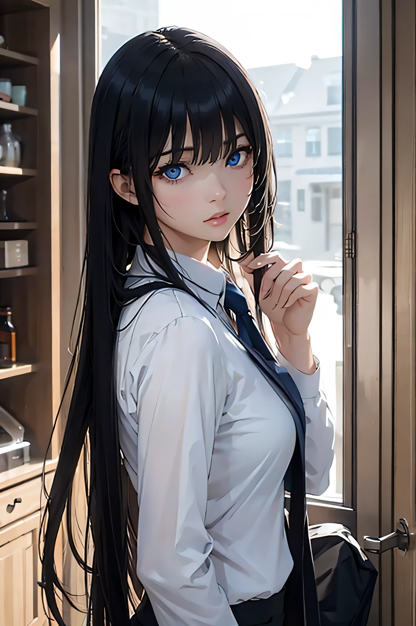 8K resolution ,(( best quality )), ultra high definition,Adult female, Alone, sexy, ( expressionless), ( blue eyes), beautiful symmetrical face , ( long black hair ,length to cover eyes ), white business shirt, suit pants, realistic:1.4, realistic:1.4,(masterpiece:1.2), perfect eyes,( open your mouth:1.3),sit, Night Tavern,mercenary,strong